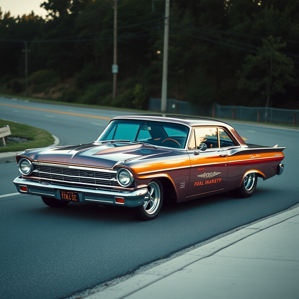 The drag car is parked on the side of the road, inspired by Taiyō Matsumoto, tumblr, restomod, nd4, c4 metallic shine classic american low rider custom paint ford