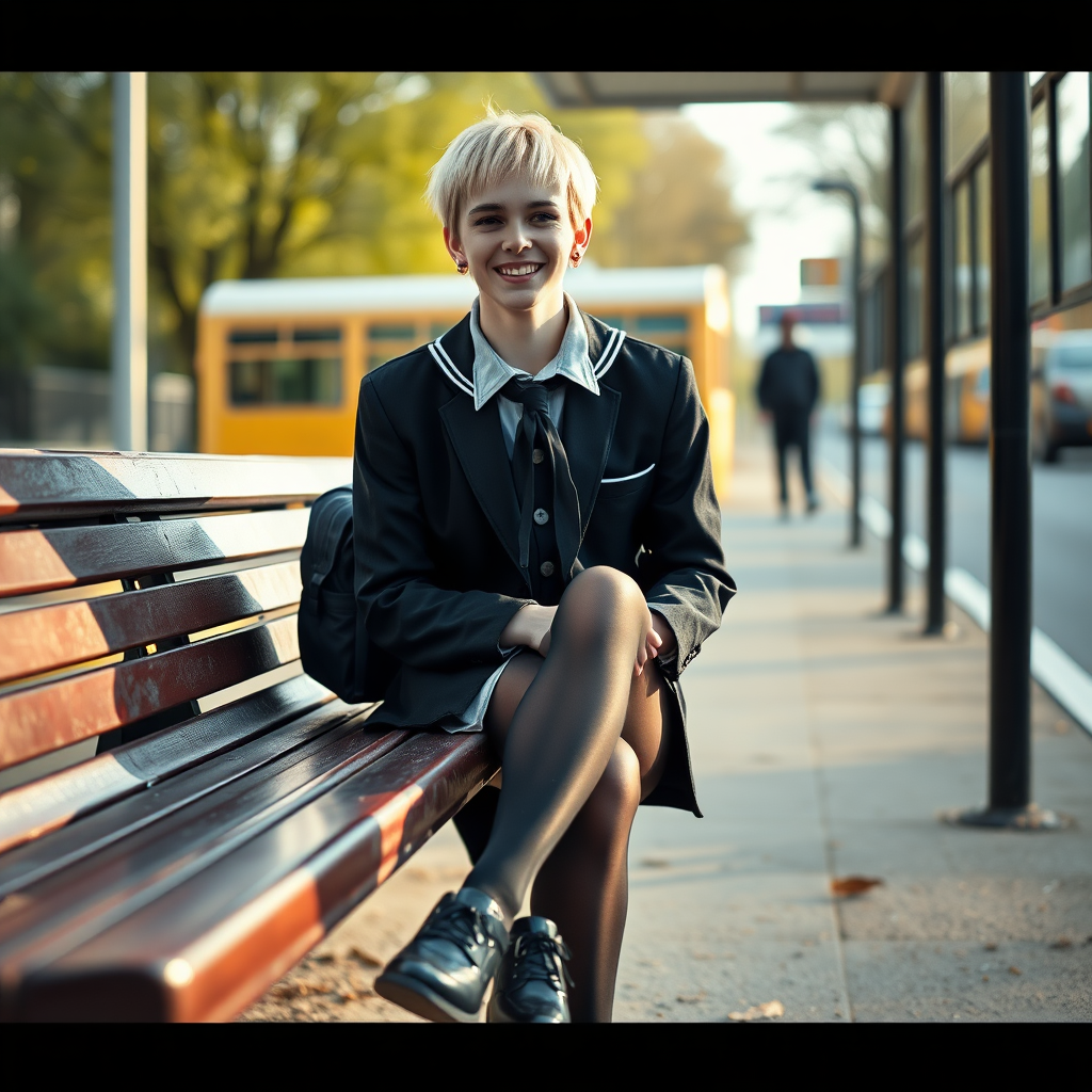 photorealistic, ultra high resolution, 16K, surreal fantasy, soft studio lighting, a pretty 18 year old goth male, slim male physique, short blonde hair, goth makeup, earrings, shiny black pantyhose, UK girls-school uniform, Mary-Jane shoes, sitting on a bench waiting for the school bus, in daylight, excited smile, facing the camera.