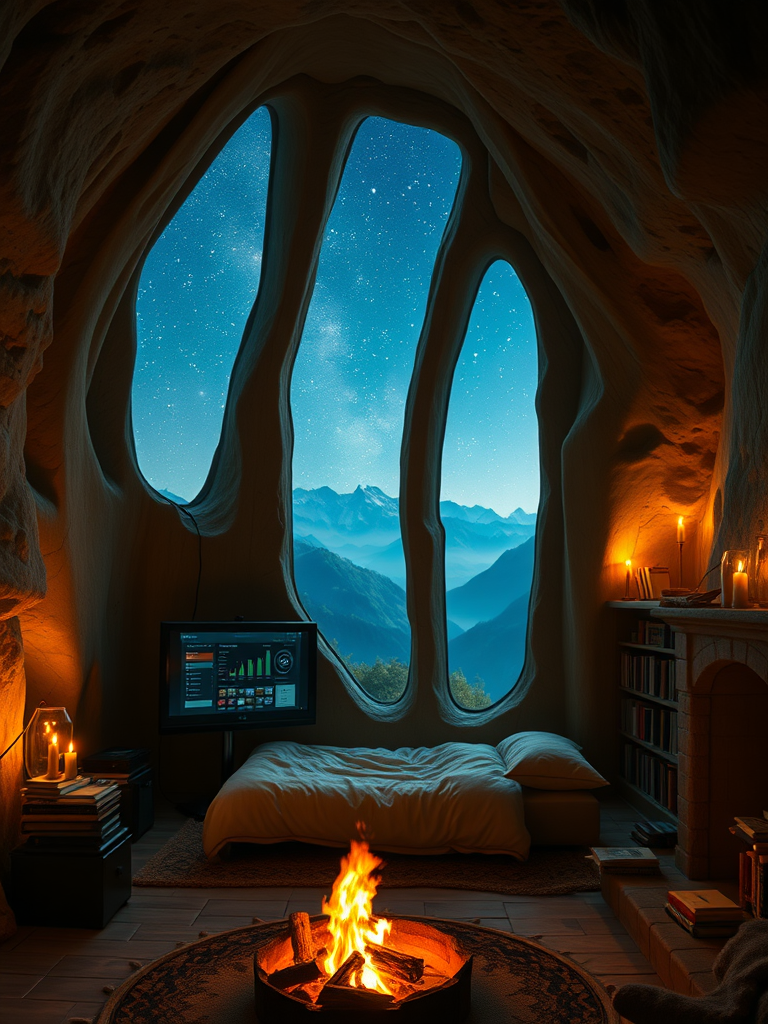 In a tranquil cave, there is a cozy little room with huge windows embedded in the walls, through which the starry sky and mountain views can be seen. Inside the room, there is a comfortable bed, with a screen beside it displaying various data and graphics. The room is lit by candlelight, casting a soft glow that illuminates the entire space. In one corner, there are some books, and the bookshelf is filled with various types of books. A warm fire burns in the fireplace, radiating comforting heat that makes one feel relaxed and at ease. Reality, realistic, true.