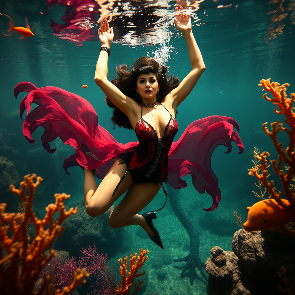 Vampirella as a burlesque dancer she's floating underwater surrounded by sea creatures and plant life. Her graceful arms float above her head. In the photographic style of Richard Fegley on DSLR