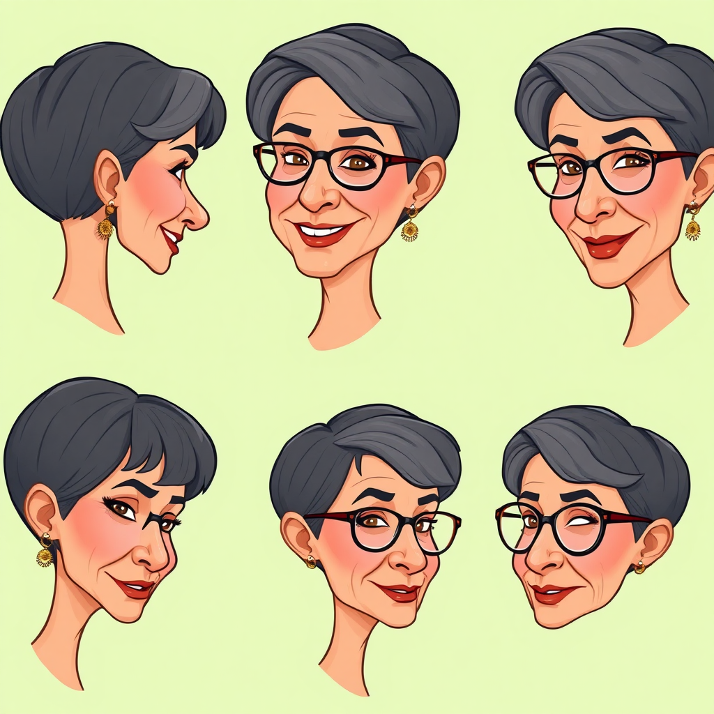 Photorealistic image of six headshots of a 50 Years old, European, Latina, sharp aquiline nose, wrinkles, high cheekbones, Middle Eastern, Skinny, Tanned skin, Dark light skin, full Makeup, jewelry, Sharp nose, frowning, exaggerated cartoon expression, lascive smile, dark grey Ash hair, short bowl haircut, Brown eye color, half closed eyes, round Glasses, with detailed features. Each photo displays the same face in back, profile and front view, cut out and isolated on a green background. All six heads are visible side by side, empty space around each view, no overlapping. 2D, caricature, cartoon, Sketch lines, coloring book style, well composed, clean coloring book page, No dither, no gradient, strong outline, vector illustration