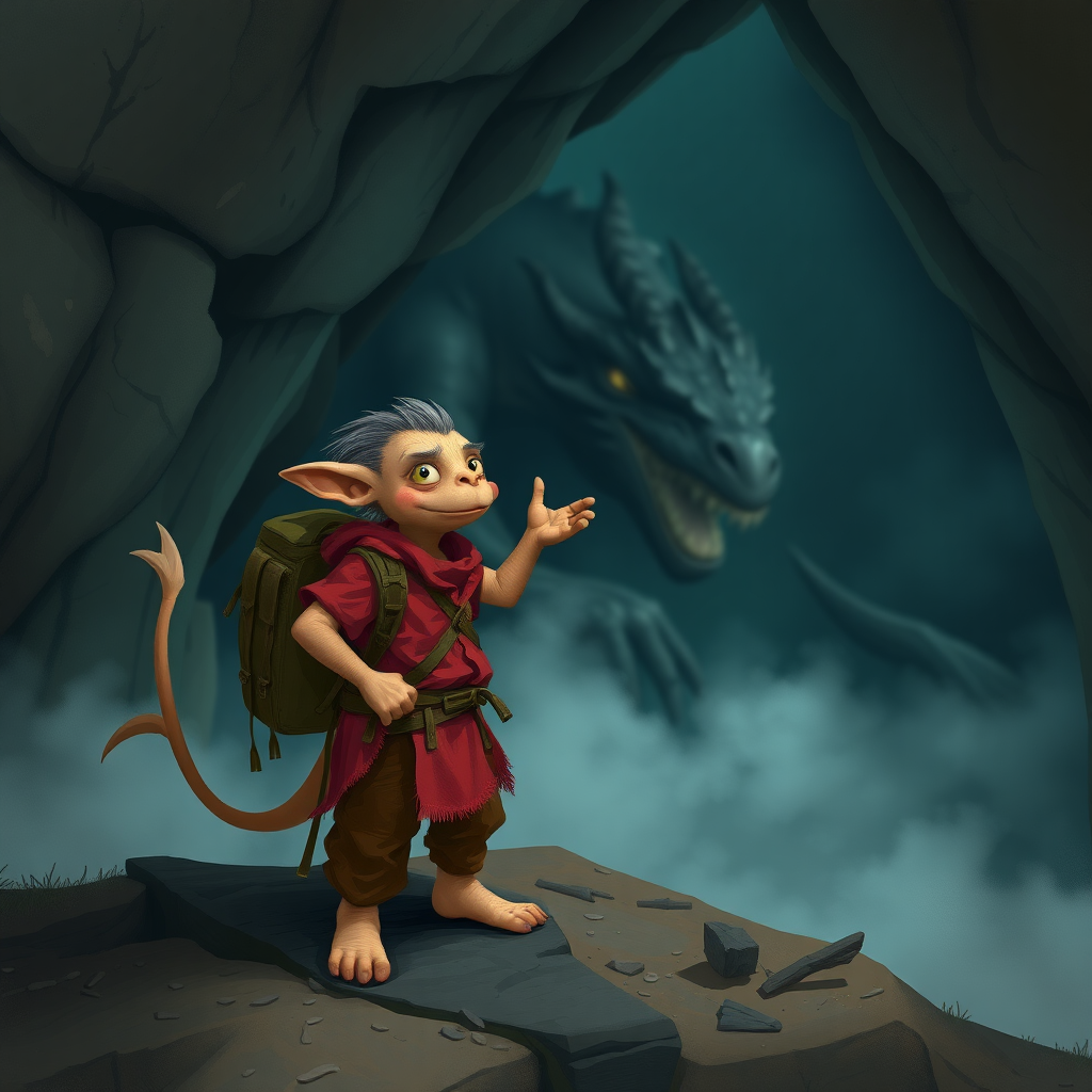 A small, skinny, light brown, kobalt monster in a tattered red tunic and dirty brown pants wearing a backpack on his back who is excited to see a large sleeping dragon in a cave