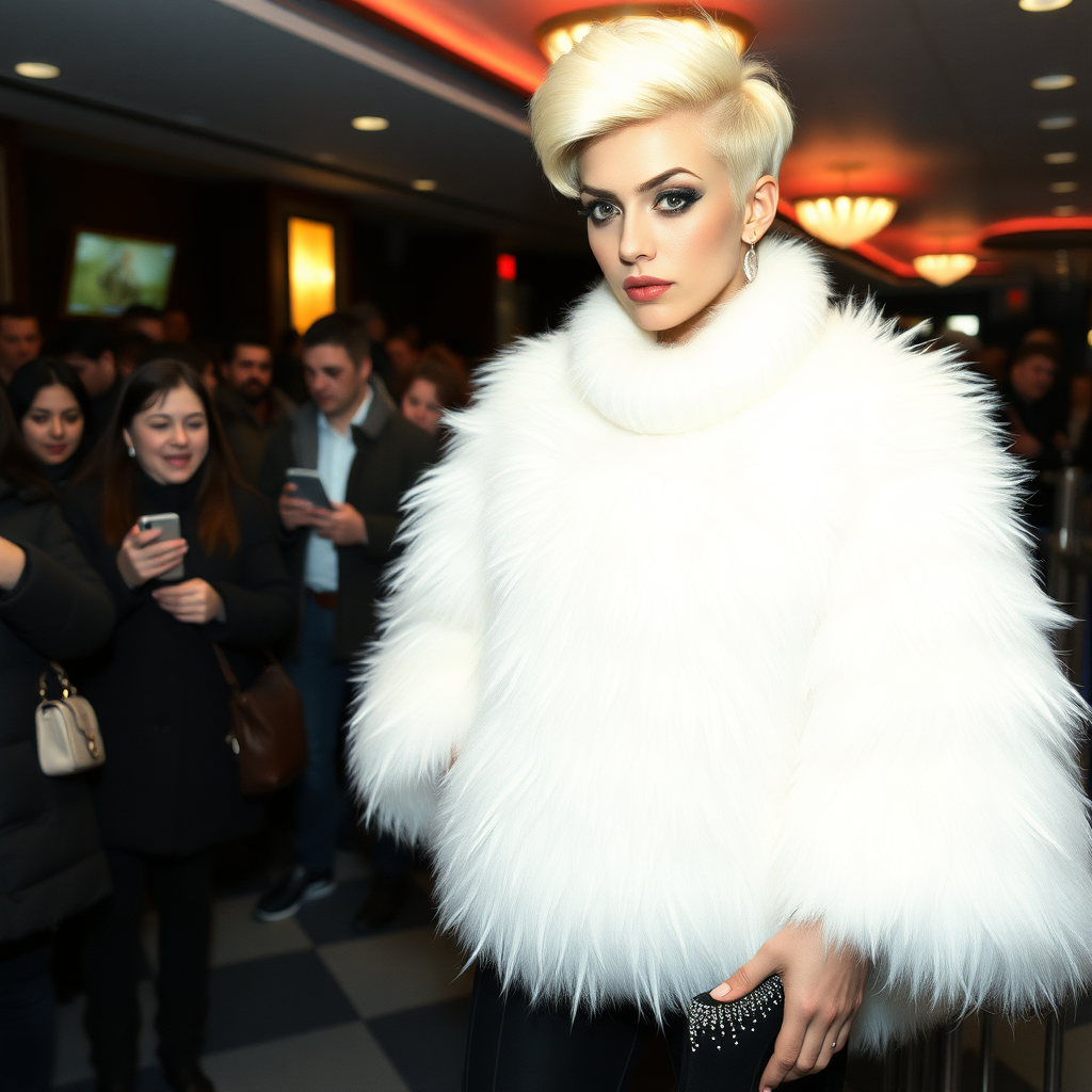 1990 winter evening, crowded cinema lobby: Sam, 19 years old beautiful involuntary femboy, rebellious intractable character, petite boyish figure, platinum blond boyish rebel punk hairstyle, flawless heavily made-up face with sharp arched tattooed eyebrows, wearing Supertanya-style fluffy very fuzzy bright white angora thigh-length turtleneck-poncho fully covering body and arms, silver-glitter leggings, black leather high-heeled pumps, silver earrings, puzzled alarmed, pout serious, impatiently waiting for her master. Other visitors watching laughing taking pictures. Full view of scene.