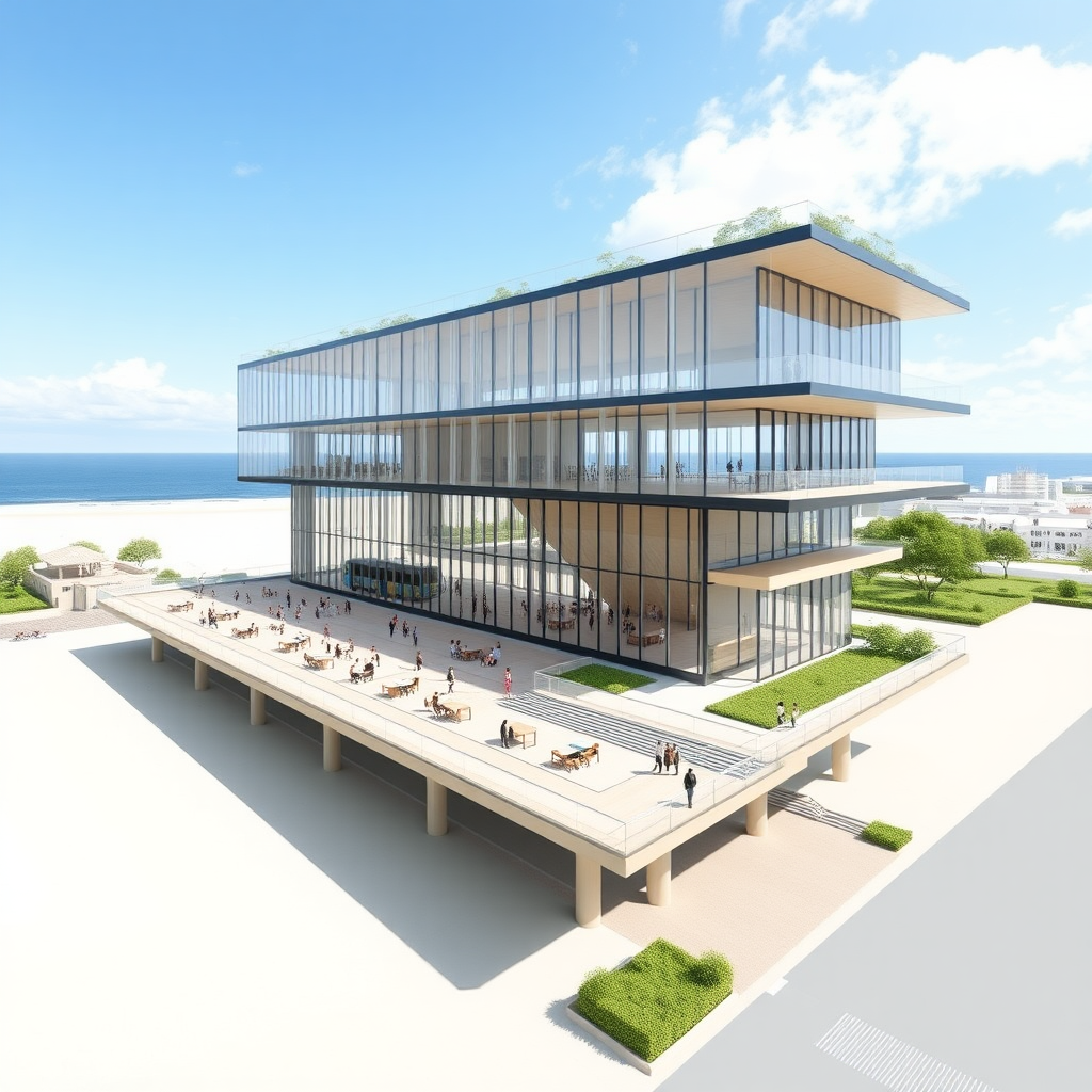 Overall Structure and Site Layout  
As you approach the site, situated adjacent to a scenic beach on the west, the elongated rectangular plot (approximately 100 meters by 43 meters) gradually reveals itself. The building sits gracefully elevated on pilotis (stilts), with much of the ground floor open for bus circulation. This open design not only allows for efficient traffic flow but also provides a visual connection between the surrounding landscape and the built environment, in tune with Toyo Ito's concept of blurring the lines between architecture and nature. The site is divided into distinct zones based on functionality, with buses circulating in the northeast portion.  

Ground Floor (Transit and Public Circulation)  
The ground floor predominantly serves as a transit hub. The north-east section is designed specifically for buses, with dedicated bus lanes and parking. A seamless bus circulation area allows entry from the east side of the site and exit from the north, ensuring smooth, unobstructed movement of buses without disrupting pedestrian or service zones.  

The bus parking bays are marked out on the northeast corner, where buses wait in a neatly organized row. These bays are roofed but open on all sides to allow natural ventilation and light. The bus lanes curve smoothly along the site's northern and eastern borders, creating a logical flow of movement while keeping much of the ground floor open.  

At the center of the ground floor, transit-related functions are housed in a transparent structure with minimal barriers. This includes a lobby and waiting area, ticket counters, an administrative office, and lounges. Large floor-to-ceiling glass panels create a light, open atmosphere, reinforcing the fluidity of space. Public seating is spread out, facing the bus bays, allowing passengers to keep an eye on arriving buses while still being shielded from the elements.  

To the south of the transit area, there is a service road looping around the structure, providing access for maintenance and service vehicles without interfering with the bus and pedestrian flow.  

First Floor (Recreational, Commercial, and Overlapping Services)  
Moving up to the first floor (approximately 4 meters above the ground level), the design begins to reveal its staggered layout. This floor houses recreational and commercial spaces. As you ascend the steps or take the elevator from the ground floor, you are welcomed into a lively, vibrant zone filled with activity.  

The first floor is designed like a long, horizontal plane, with floor slabs extending toward the beach, maximizing views of the western horizon. Much of the space on this level is open, continuing the theme of open, fluid architecture, inspired by the Sendai Mediatheque. The commercial zone is a bustling hub with kiosks, retail shops, and a small shopping arcade. There are pockets of greenery integrated into the open-plan design, with planter boxes and vertical gardens creating a more natural atmosphere.  

The recreational spaces, which include a gymnasium, yoga studio, and library, are set back toward the center of the first floor, with their boundaries defined by movable partitions. This layout ensures flexibility and adaptability, allowing the space to transform depending on the needs of the terminal. Large glass windows provide sweeping views of the beach to the west, while the open terraces offer outdoor seating and relaxation areas.  

One of the most interesting features of this level is the overlapping zone where the first floor slightly overlaps with the second floor. This section has been designed for service and ancillary spaces, efficiently stacked for ease of access.  

Second Floor (Socio-Cultural Programs and Overlapping Zone)  
Ascending to the second floor (8–9 meters above ground), the staggered design of the structure becomes more evident. This level houses primarily socio-cultural functions, including community kitchens, dormitories, guest houses, and workshop spaces.  

The staggered layout creates a sense of elevation as the second-floor mass appears to rise from the first floor, like a staircase leading upward. The overlapping zone between the first and second floors is used for shared services, such as toilets, drinking water facilities, and nursing stations. The terrace spaces on this floor are more private compared to those on the first floor, with designated areas for relaxation and contemplation, surrounded by landscaped greenery. These terraces provide a quieter space for guests in the dormitories and community spaces to enjoy the panoramic view of the sea to the west and the city skyline to the east.  

The skin of the building, made of transparent and semi-transparent materials, dissolves the boundaries between the interior and exterior. The columns (or "tubes") serve both as structural supports and as design elements, threading through the building at random angles, allowing light to filter through and maintaining the fluid, open aesthetic.  

Architectural Features and Materials  
The façade of the building is a combination of glass and steel, with the main structure supported by hollow steel columns. The glass façade is not only visually striking but allows natural light to flood into the interior spaces, reinforcing the connection with the surrounding environment. The glass reflects the sky and the beach, creating a visually light structure that seems to blend with its surroundings.  

The roof of the first and second floors also serves as terraces, extending the useable space outward and offering an outdoor seating area. These terraces are bordered by transparent railings, allowing unobstructed views of the beach and the sea beyond. Some areas of the terraces feature green roofs, which add to the eco-friendly and visually pleasing design.  

The use of pilotis (stilts) for the ground floor creates a sense of airiness, and from the street level, the structure appears to be hovering over the site. The open nature of the ground floor allows for visual permeability, ensuring the terminal feels less imposing and more welcoming, blending into the landscape rather than dominating it.  

Landscape and Environment Integration  
The site's landscaping enhances the fluidity of the structure, with the north and northeast corners reserved for bus circulation and a small service road looping around the site. The rest of the site features open green spaces, seating areas, and pathways that seamlessly connect the ground to the building. The south side features a service road, which, despite its functional purpose, is concealed by landscaping elements like trees and bushes to maintain the aesthetic quality of the site.  

Overall, the design creates a harmonious blend between architecture and nature, reflecting the principles of fluid space and open design. By minimizing physical barriers and maximizing natural light and views, the bus terminal becomes more than just a transit hub; it is an inviting space that encourages people to relax, engage, and connect with their surroundings.