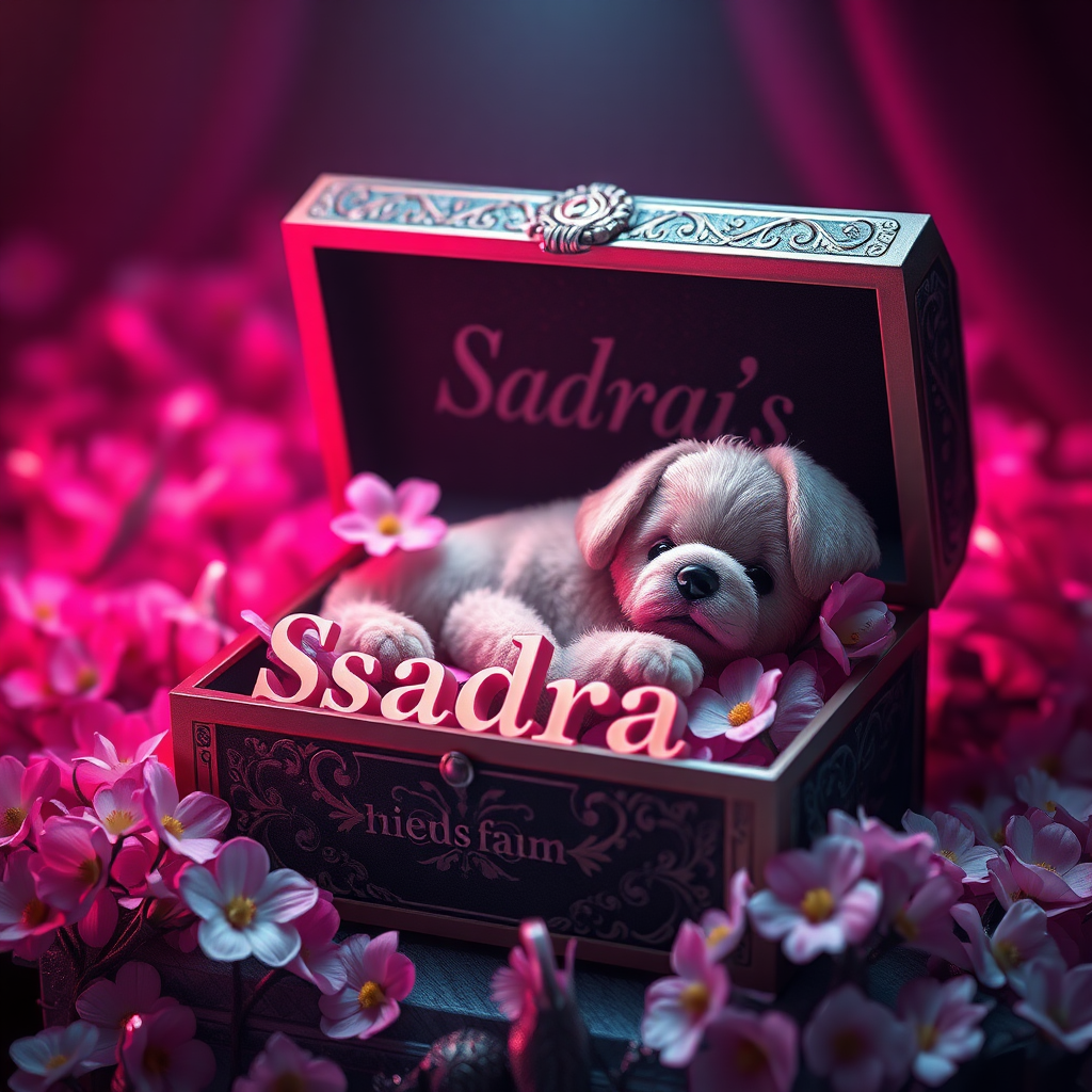 ### **Title:**
**"Sadraa's Sanctuary"**

### **Artistic Vision:**
Create a mesmerizing digital art masterpiece that seamlessly blends hyper-realistic detail with a vibrant, cinematic atmosphere. The artwork should evoke a lasting emotional impact, inviting viewers to explore themes such as the delicate balance between luxury and nature, and the innocence represented by the gentle presence of a baby dog amidst intricate surroundings. This piece aims to captivate audiences with its elegance, sophistication, and profound symbolic resonance.

### **Scene Description:**
Depict an exquisitely crafted box adorned with intricate detailing, prominently featuring the name "Sadraa" in a sleek, modern font. Inside the box, a plush baby dog rests gracefully among delicate pink primroses and daisies, creating a striking contrast against the box's dark, velvety interior. The composition should exude elegance and sophistication, enhanced by hyper-realistic rendering techniques that add depth and dimension. Embrace a neon-infused, dark fantasy aesthetic to create a visually stunning and emotionally evocative scene.

### **Key Artistic Elements:**
- **Lighting & Atmosphere:** Utilize neon lighting to create a cinematic and conceptual ambiance, blending vibrant colors with dark fantasy elements.
- **Color Contrast:** Achieve a stunning contrast between the bright pink flowers and the dark interior, emphasizing the focal points.
- **Textures:** Incorporate varied textures, from the plush fur of the baby dog to the intricate detailing of the box, enhancing tactile realism.
- **Composition:** Employ off-center placement for the box and its contents to guide the viewer's eye through the scene, balancing intimate close-ups with the broader setting.
- **Symbolism:** Infuse the artwork with subtle symbolic motifs that provoke contemplation on themes like humanity’s relationship with nature and the purity of innocence.

### **Technical and Artistic Specifications:**

- **Resolution & Display:**
  - Render in stunning **8K UHD** resolution, ensuring crisp detail and vibrant colors suitable for high-profile platforms like ArtStation and Behance.

- **Digital Art Techniques:**
  - Utilize advanced software such as **Corel Painter**, **ZBrush**, and **Adobe Photoshop** to achieve exceptional 3D volume, precise shading, and ultra-fine detailing.

- **Materials & Textures:**
  - Incorporate high-quality digital pigments, metallic flakes, and glass bead effects to ensure textures appear vibrant and dynamic under various lighting conditions.

- **Lighting & Depth:**
  - Implement a tranquil chiaroscuro effect with a subtle interplay of light and shadow, enhancing depth and clarity.
  - Use soft, delicate colors complemented by nuanced shades of grey, black, and white to add depth without overwhelming the scene.

- **Rendering Quality:**
  - Apply advanced rendering techniques and 3D volumetric effects for unparalleled detail and sharpness.
  - Include hyper-realistic pencil sketch textures to emphasize intricate details.

- **Composition & Focus:**
  - Emphasize gentle, lifelike depth and striking details with a cinematic close-up approach.
  - Use a balanced **f/11 aperture** and a raw photographic style with advanced v6 enhancements to render vivid colors and minute details at an unparalleled level of realism.

- **Overall Harmony:**
  - Achieve maximum harmony across all elements, resulting in a balanced and cohesive composition that captivates both technically and emotionally.

### **Additional Elements to Include:**
- **Symbolism:** Integrate subtle gestures, expressions, or symbolic motifs to add deeper emotional resonance, encouraging viewers to reflect on the depicted themes.
- **Detailing:** Ensure impeccable draughtsmanship with flawless anatomical precision in the baby dog and botanical accuracy in the primroses and daisies.
- **Lighting Effects:** Utilize the interplay of light and shadow to evoke lifelike realism and enhance the dreamlike atmosphere.
- **3D Volumetric Effects:** Add depth and spatial qualities to create a more immersive visual experience.
- **Hyper-Realistic Textures:** Ensure all textures appear tactile and vibrant, enhancing the overall realism of the artwork.

### **Final Outcome:**
The final artwork should be a compelling masterpiece that captivates viewers, encouraging them to pause and reflect long after experiencing it. It should demonstrate peerless technical mastery combined with a profound artistic vision, affirming art's vital role in cultural and intellectual life. The signature on the piece should signify its stature, standing proudly alongside works by history’s masters.