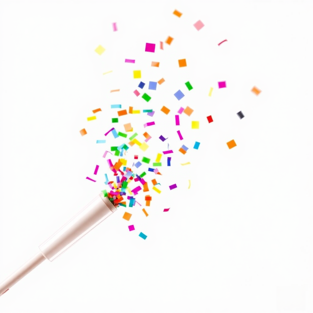 small colorful confetti popper tube shooting big confetti into the air, at an angle, white background, realistic, beautiful, no distortions