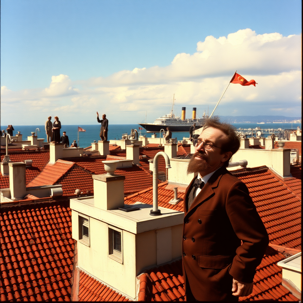 highly detailed Kodachrome color surreal real photograph from 1974 of Sirens on the rooftops wailing  
But there's no ship sailing  
Groucho, with his movies trailing  
Stands alone with his punchline failing  