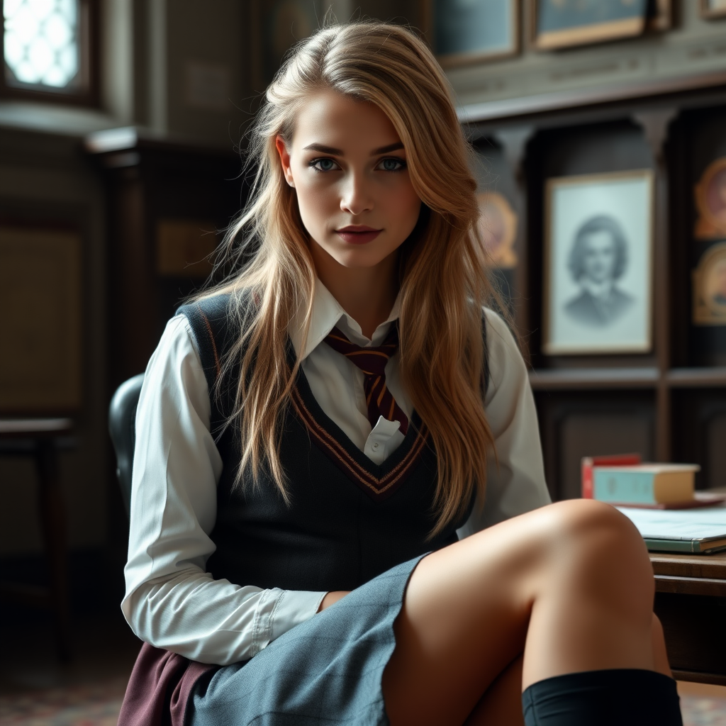 A photo of Hermione, sexy skinny blonde student, she is sitting on the knee of an old male professor, her school uniform is too tight for her.