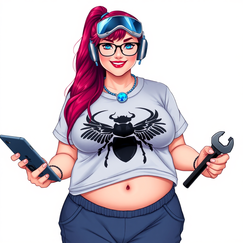 A cyberpunk vigilante’s full-figured intelligent and tech-savvy 29-year-old girlfriend, who is a computer hacker and tech genius. She has a long ruby red ponytail and bright blue eyes. She wears a sapphire beetle gemstone necklace, an oversized Maximum Blue (RGB 71, 171, 204) t-shirt featuring a giant black chest icon of a winged beetle, and matching Maximum Blue (RGB 71, 171, 204) sweatpants. She has a full-figured physique with an enormous, well-rounded midsection, reflecting her well-cared-for lifestyle. The midsection is heavily emphasized. She sports a sapphire headset with hi-tech Maximum Blue (RGB 71, 171, 204) lensed HUD visor, Maximum Blue (RGB 71, 171, 204) lipstick, black eyeglasses, and a beaming smile with a passionate bright red blush. Despite her figure and a lack of self-esteem, she radiates an air of beauty. She has an angular face which contributes to her radiant beauty. She serves as his tech expert from his hideout, holding a holographic tablet and a hi-tech tool wrench. The background is solid white. She is drawn as if she was in a retro 2D cyberpunk fighting game. Make sure her outfit covers her enormous midsection.