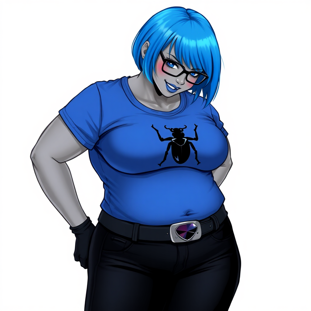 A 28-year-old, full-figured, metallic middle gray skinned computer program hybrid with a short maximum blue bob cut. She has a non-athletic build, highlighted by a prominent, round midsection (with a focus on her belly). As a digital sidekick and computer hacker to her cyberpunk vigilante boyfriend, her middle gray metallic skin and maximum blue lipstick emphasize her digital nature. She wears a tight-fitting, maximum blue t-shirt (accentuating her belly) with a black chest icon of a beetle on its chest, black pants, a black belt with a sapphire scarab buckle, and black gloves. Her bright blue eyes, black eyeglasses, and shy smile with neon red blush accentuate her nerdiness. She bashfully bows her head with her hands behind her back, her t-shirt covering her midsection (especially her belly) and emphasizing her full-figured, non-athletic physique. She is on a solid white background. She is drawn as if she was in a retro 2D cyberpunk fighting game. She is clearly non-athletic, with a focus on her full figure. Make sure her t-shirt covers her midsection (especially her belly).