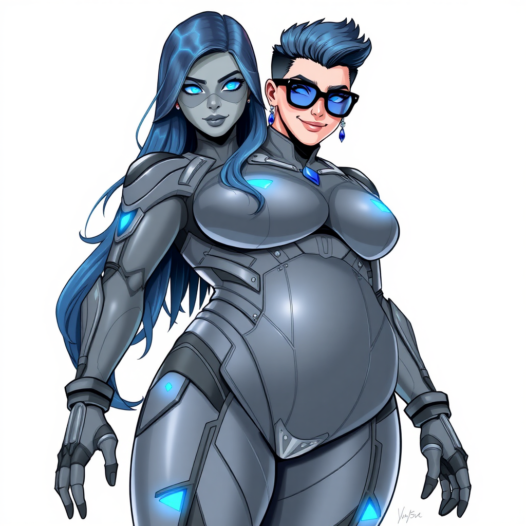 A 29-year-old computer science major, she is the devoted girlfriend of a vigilante and serves as his dotingly pampered, full-figured, nerdy, Middle Gray (N5) metallic digital sidekick. She has become a Computer Program hybrid, with a unique, metallic Middle Gray (N5) skin color that blends with her suit and hair, appearing to merge together as computer data. Her long hair, suit, and skin are all the same metallic Middle Gray (N5) all blending together to appear to merge as computer data. Her neon blue eyes are mesmerizing. Her full figure, especially her prominent, round, gargantuan midsection, shows just how heavily fed and pampered she is, with sequoia-sized limbs and broad shoulders.

As a loyal and supportive sidekick, she plays a crucial role in their missions, using her digital prowess to assist and protect. She wears a blue sapphire scarab necklace and blue sapphire earrings, which she received as symbols of their love before his 5-year disappearance. Her digital, computerized bodysuit, also the same metallic Middle Gray (N5), blends with her skin and hair (appearing to merge together like computer data). She is equipped with high-tech features, including holographic displays and integrated hacking tools. She has matching high-tech gloves. She emits neon blue data cubes from her body, set against a solid white background.

Heavily, attentively, and immensely pampered through being well-fed since their reunion, her full figure clearly shows the extent of care she has received. Despite her digital enhancements, she retains her human vulnerabilities, including hunger and sleep, and is not immune to human weaknesses. She has the ability to hack into computers and machines, and her nerdiness is blatantly obvious with her black oversized eyeglasses. Her full figure, especially her gargantuan midsection, is prominently displayed and heavily emphasized. Her outfit, influenced by DC’s Jennifer Knight Phantom Lady, remains distinct.

Despite her boyfriend’s limited resources, she assists in the war on crime by serving as a minicomputer, traveling in a high-tech wristwatch and supercar’s computer system. Using her hacking abilities, she relays crucial knowledge related to missions. She has a beaming smile. She is drawn as if she was in a retro 2D cyberpunk fighting game.