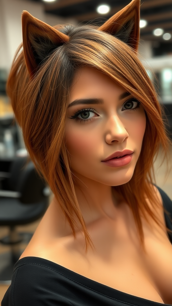 Beautiful model with a brown Wolf Cut hairstyle, in high definition, in the background, hair salon.