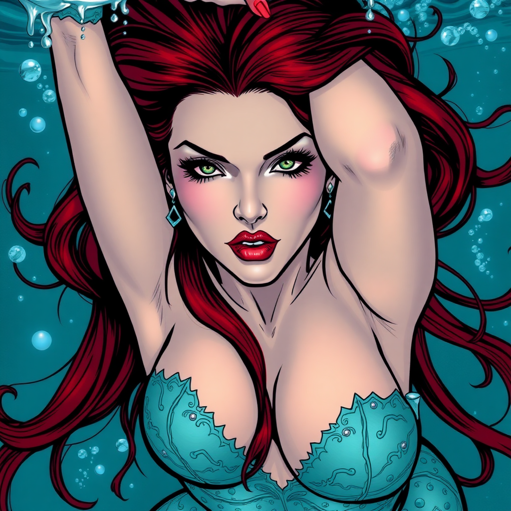 Vampirella as a mermaid underwater, hair floating in a nimbus around her beautiful face, her arms up over her head and she's looking down into the viewer's eyes, making intense eye contact.