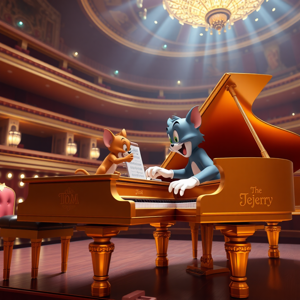 Tom is playing with Jerry (Jerry from Tom and Jerry) a 4 handed music piece on a golden grand piano in a giant concert hall in real 3d.