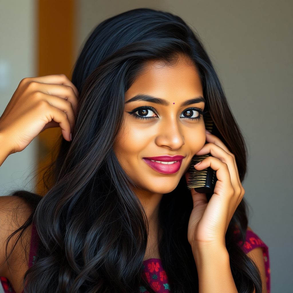 A attractive Sinhalese woman in her 20s brushing out her long hair