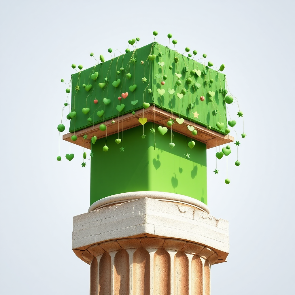 A photograph of an ancient Greek column with weathered, fluted details at the base. Atop the column is a normal green rectangular volume, designed as a funky art installation. Numerous quirky green objects, like small hearts, stars, and abstract shapes, hang from this rectangular volume, creating a playful and surreal effect. The installation contrasts the ancient stone with modern, minimalistic, and weird design elements.