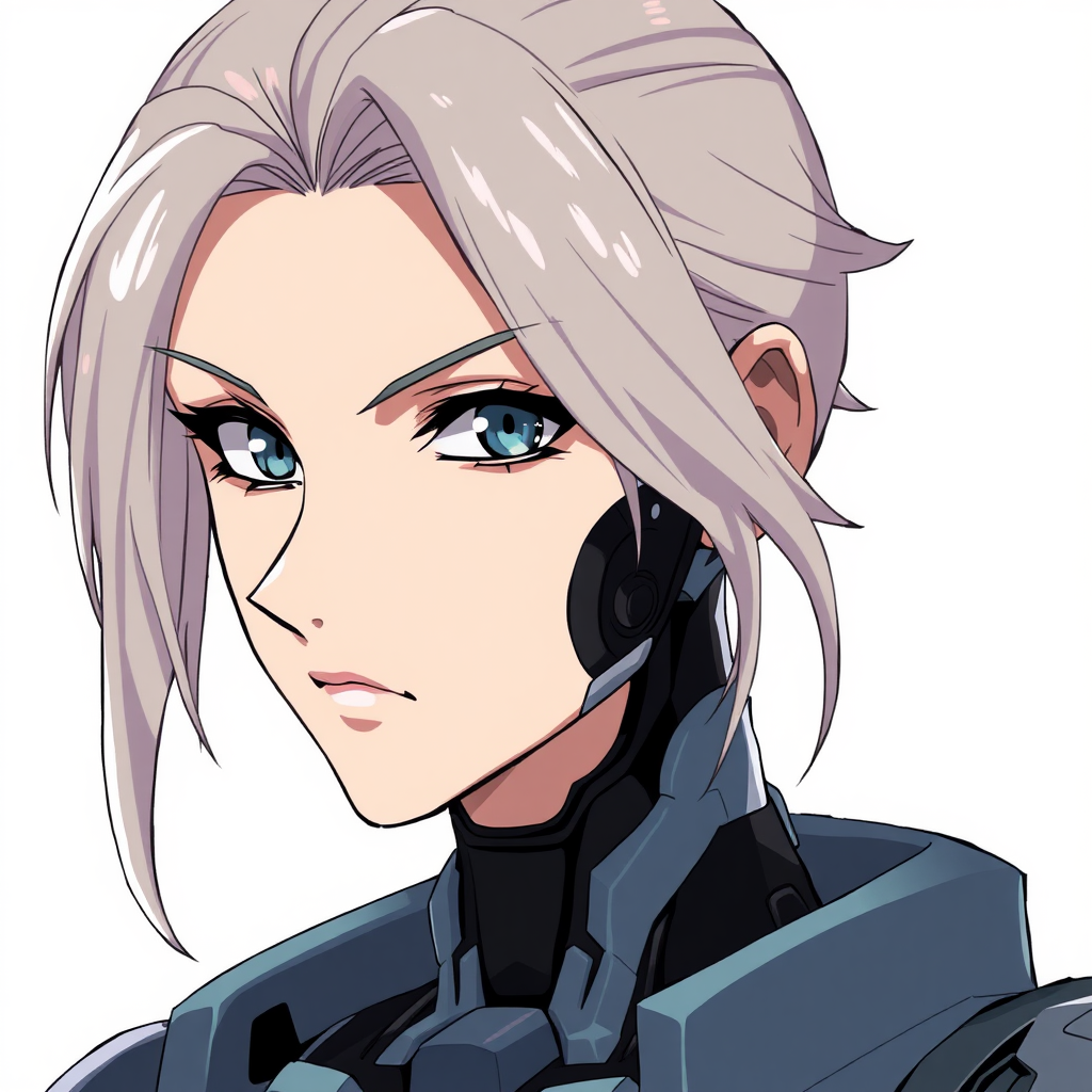 An anime portrait of an anime cyborg woman with an authoritative and confident gaze.