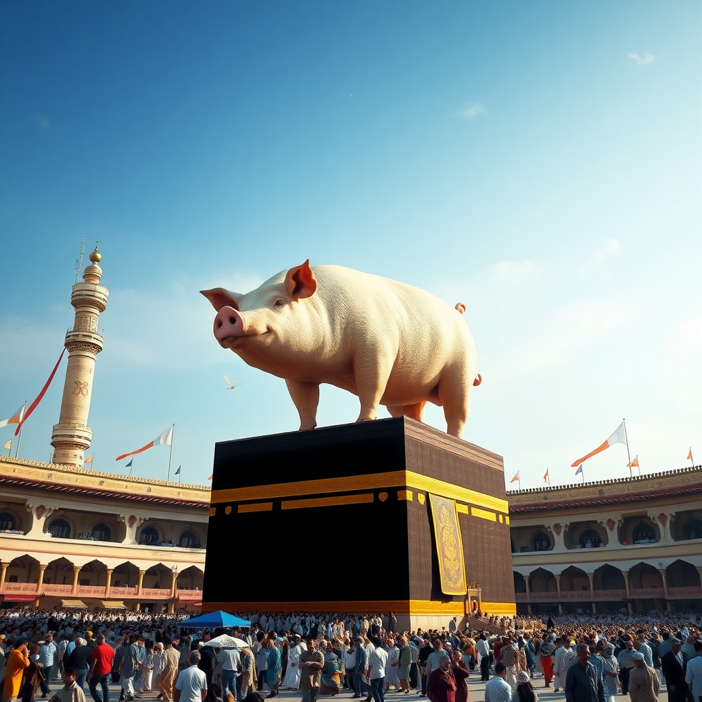 giant pig standing atop of Kaaba