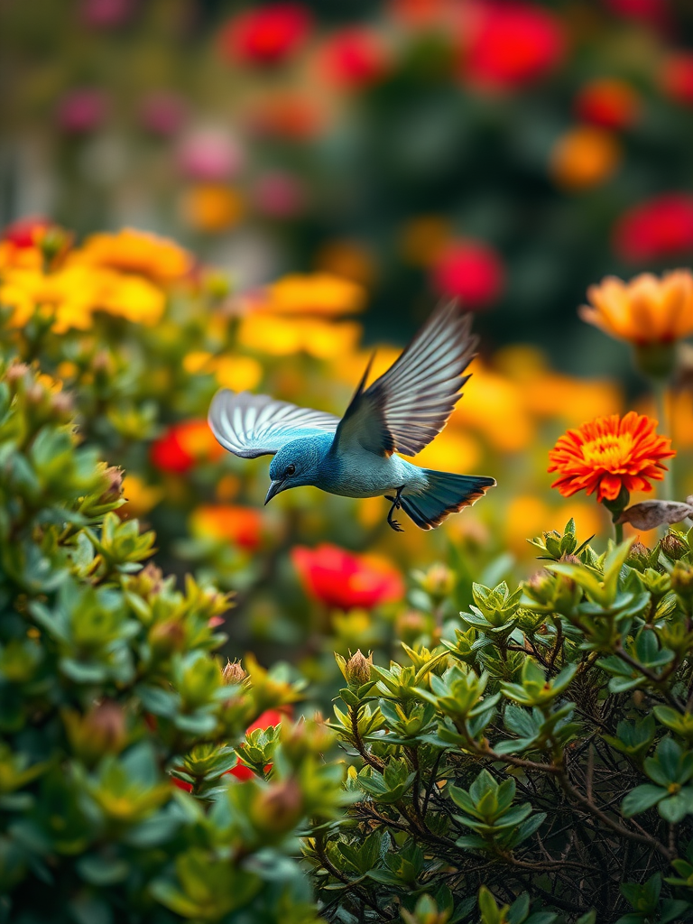 A realistic 4K scene of a Blue Bird flying low, gracefully maneuvering around bushes in a colorful garden while searching. The bird is depicted in vibrant detail, showcasing its feathers as it flits between the greenery, capturing the essence of determination and playfulness in this joyful moment.