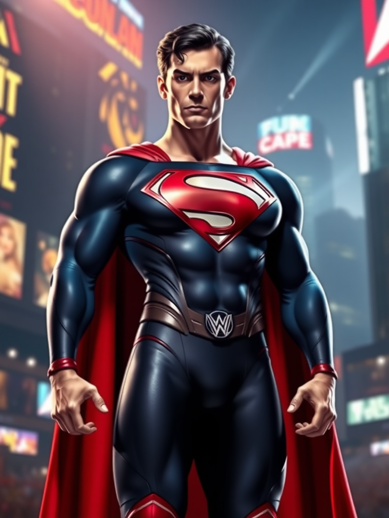 Create a full-length image of Superman with the female body traits of R Mika. Maintain Superman's head and face but give the character a strong, muscular yet feminine physique, emphasizing an athletic torso, broad shoulders, and an hourglass waist. Retain his core costume, adding elements from R Mika's outfit, like the color scheme and frilled accents. Set this hybrid character in a dynamically lit cityscape, blending the heroic essence of Metropolis with the vibrant, energetic vibe of a wrestling arena.