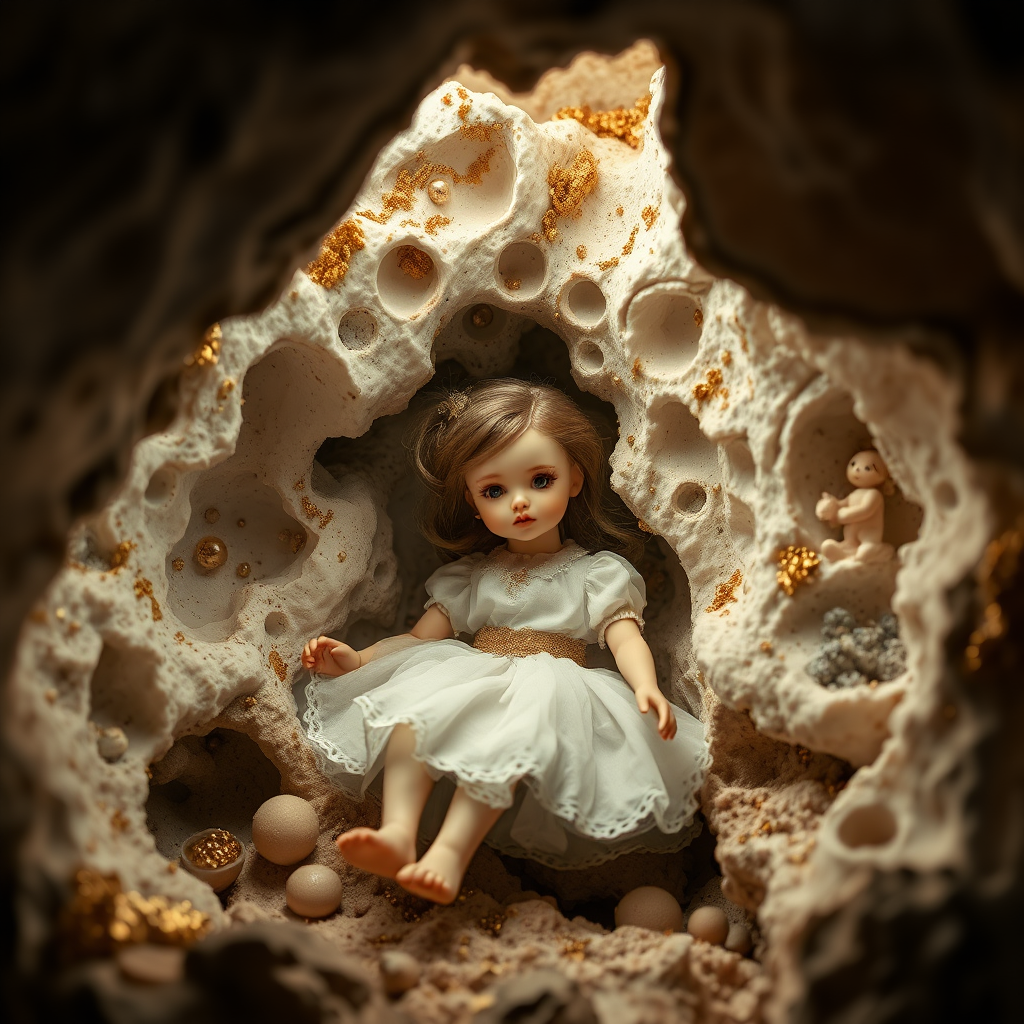 a porcelain doll in a cave, artists doll, bjd, high quality photo, intricate environment, ultra-detailed, impressionistic, dynamic composition, artistic photograph, matte texture, geode, alabaster, gold, fractal