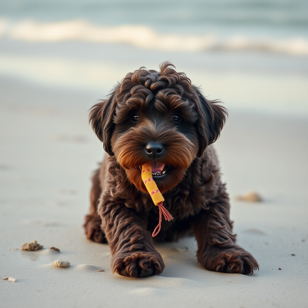 cute gigantic dark chocolate colored cockapoo, playing on the beach, ultra realistic, ultra detailed, 50mm photo, toy in his mouth, huge