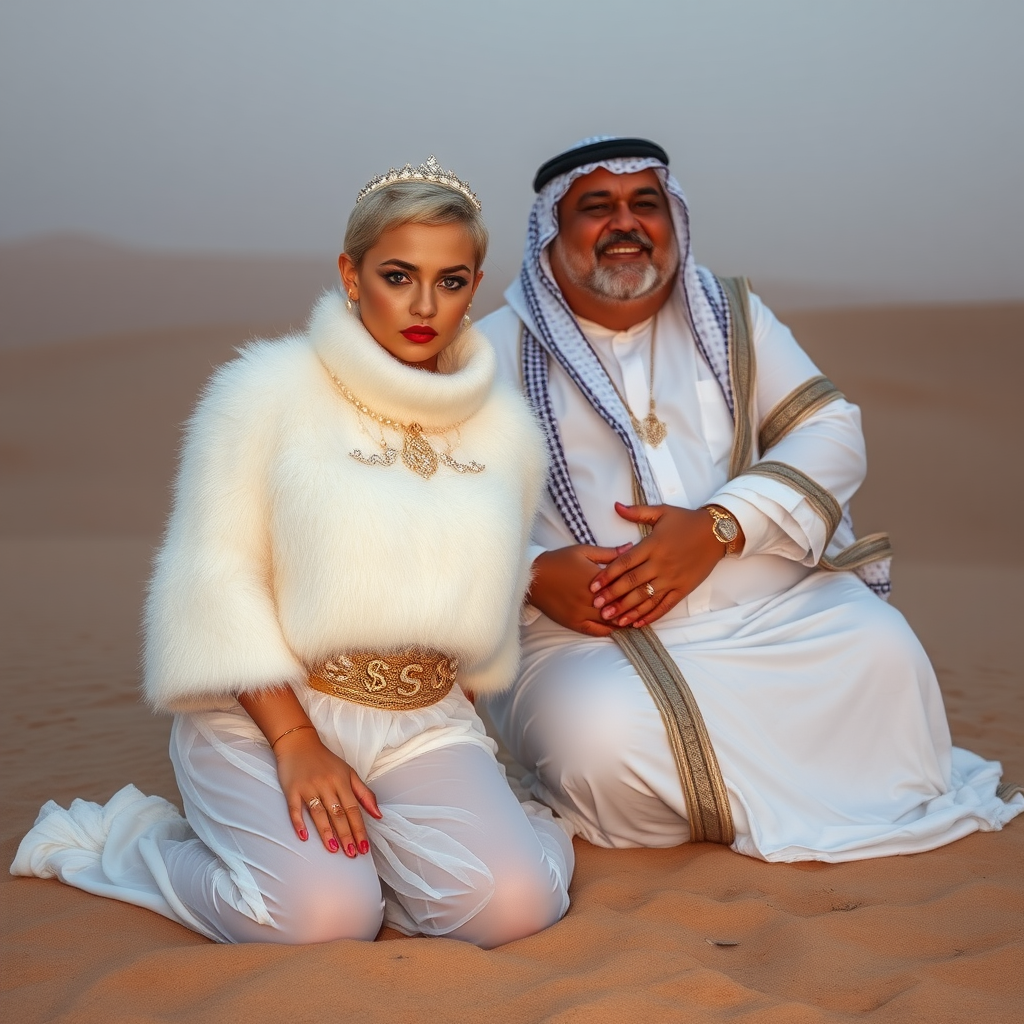 Kuwait desert dunes misty dawn: Melissa, European 17 years old very convincing femboy “trophy-bimbo”, tamed servile docile, very beautiful feminine flawless face, rather short boyish figure, platinum blond short tight curls, bold red lips, heavily made-up face, wearing Supertanya-style fluffy very fuzzy bright white angora turtleneck-poncho cropped ending under bust decorated with pearls and gemstones, striking oriental wide gold bridal protection belt, white fully transparent harem pants, full Oriental bridal jewelry with striking headpiece, full Oriental face-jewelry, striking diamond “$$$” letter brooch on left chest, pout frustrated, hands tied behind back, kneeling in sand, looking at camera. Focus on face and turtleneck-poncho. Sitting next embracing Melissa: older overweight mighty sheik laughing.