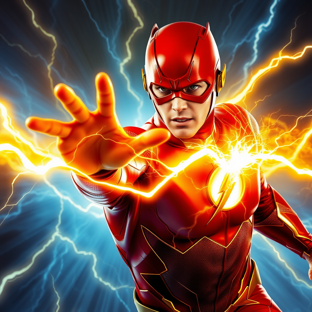 Grant Gustin's Flash, inside the surreal Speed Force, channels immense energy through his hands as he hurls a bright yellow lightning bolt. The crackling, electric energy pulses from his fingertips, illuminating the surrounding area with a cinematic glow. The vibrant yellow bolt arcs across the Speed Force’s warped, ethereal environment, splitting through the electric-blue haze with explosive detail. Flash's red suit gleams with hyper-detailed realism, the texture of his suit and the veins of energy visible as they pulse through his body, merging with the Speed Force around him. His face is intense, fully immersed in the power coursing through him as he directs the lightning.