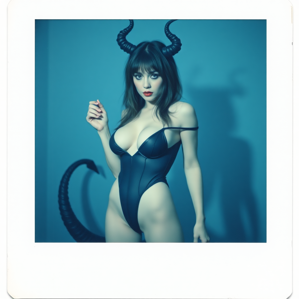 scan of polaroid photograph with visible wear and blue green color tint and heavy vignetting and light leaks depicting a sexy succubus girl with black tail with spade end in tight revealing bodysuit