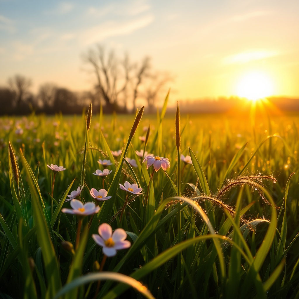 A BEAUTIFUL SPRING LANDSCAPE AT SUNRISE WITH THE IMAGE OF CLOTHES, THE FLOWERS IN THE GRASS AND WITH WAVES OF MORNING DEW