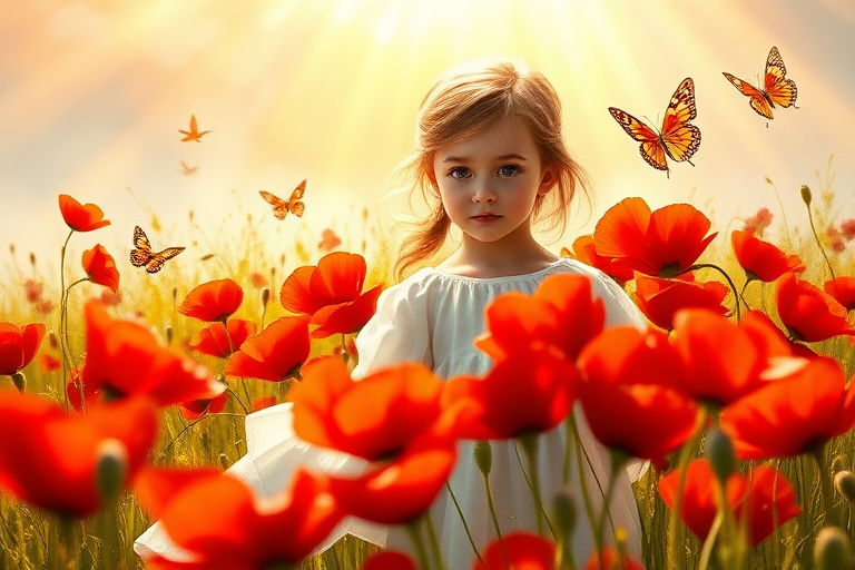 In a sun-drenched meadow, a young girl stands enchantingly poised among a vibrant sea of blooming poppies, their brilliant scarlet petals swaying gently in the warm breeze. She is clothed in a flowing white dress that billows delicately around her, the fabric catching the sunlight and gleaming with a soft, ethereal glow. The aroma of the poppies fills the air—a sweet, intoxicating scent that mingles with the fresh earthiness of the field.

Radiant beams of golden sunlight cascade down, illuminating the scene with a warm, inviting light that dances across the girl's delicate features. Her cherubic face is partially hidden by the lush poppies, yet her eyes—wide and shimmering with a mixture of wonder and pure joy—peer out, reflecting the brilliance of the surrounding blooms. The vibrant reds, contrasted against her white dress, create a stunning tapestry of color that draws the eye.

Around her, the melody of cheerful birdsong mingles harmoniously with the gentle rustle of the poppy petals, orchestrating a serene symphony that fills the tranquil atmosphere. The landscape sparkles with life, as fluttering butterflies meander between the flowers, their wings painted with the hues of a sunset.

Executed in the expressive style of Claude Monet, the painting features thick, dynamic brush strokes that capture the ever-changing play of light. Each stroke brings to life the textures of the flowers and grasses, emphasizing the fluidity of the moment. The overall scene is imbued with a sense of beauty and tranquility, inviting the viewer to immerse themselves in the joyful serenity of this idyllic moment in nature.