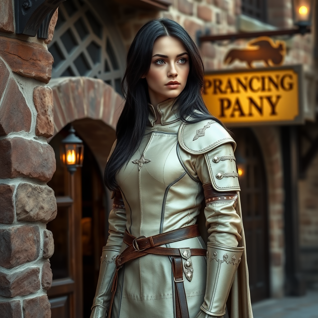 beautiful young woman, dark hair past her shoulders, blue eyes, small, slim figure, wearing light full leather armor suit, long cloak, standing next to medieval tavern with sign: "Prancing Pony".