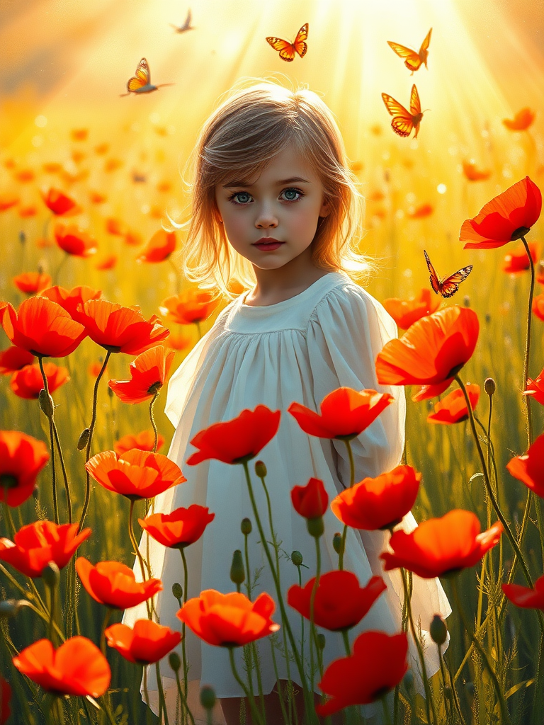 In a sun-drenched meadow, a young girl stands enchantingly poised among a vibrant sea of blooming poppies, their brilliant scarlet petals swaying gently in the warm breeze. She is clothed in a flowing white dress that billows delicately around her, the fabric catching the sunlight and gleaming with a soft, ethereal glow. The aroma of the poppies fills the air—a sweet, intoxicating scent that mingles with the fresh earthiness of the field.

Radiant beams of golden sunlight cascade down, illuminating the scene with a warm, inviting light that dances across the girl's delicate features. Her cherubic face is partially hidden by the lush poppies, yet her eyes—wide and shimmering with a mixture of wonder and pure joy—peer out, reflecting the brilliance of the surrounding blooms. The vibrant reds, contrasted against her white dress, create a stunning tapestry of color that draws the eye.

Around her, the melody of cheerful birdsong mingles harmoniously with the gentle rustle of the poppy petals, orchestrating a serene symphony that fills the tranquil atmosphere. The landscape sparkles with life, as fluttering butterflies meander between the flowers, their wings painted with the hues of a sunset.

Executed in the expressive style of Claude Monet, the painting features thick, dynamic brush strokes that capture the ever-changing play of light. Each stroke brings to life the textures of the flowers and grasses, emphasizing the fluidity of the moment. The overall scene is imbued with a sense of beauty and tranquility, inviting the viewer to immerse themselves in the joyful serenity of this idyllic moment in nature.