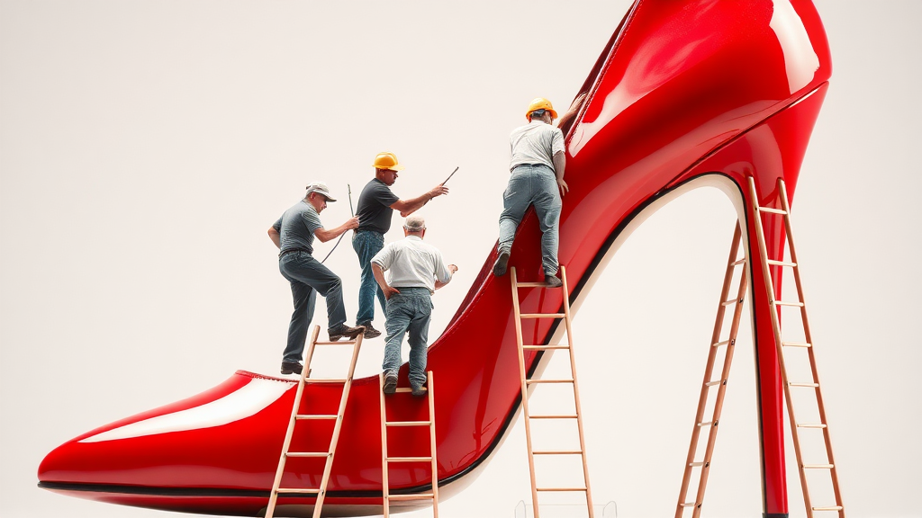 I would like to see a photograph in which a red women's shoe with stiletto heel is prominently displayed. On the shoe are 5 workers at work. Two persons are painting the shoe red. Another is sanding the shoe. A fourth person is removing some damage and the fifth is supervisor. Scaffolding and ladders are being used. Relative to the workers, the height of the shoe is 7 meters.

The whole image should convey that work is being done to refurbish the shoe.