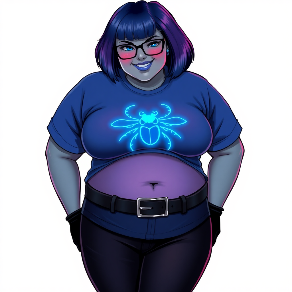 A 28-year-old, full-figured, metallic middle gray skinned computer program hybrid with a maximum blue bob cut. She has a non-athletic build, highlighted by a prominent, round midsection (with a focus on her belly). As a digital sidekick and computer hacker to her cyberpunk vigilante boyfriend, her middle gray metallic skin and maximum blue lipstick emphasize her digital nature. She wears a tight-fitting, maximum blue t-shirt (accentuating her belly) with a neon blue glowing chest icon of a beetle, black pants, a black belt with a sapphire scarab buckle, and black gloves. Her bright blue eyes, black eyeglasses, and lovestruck smile with neon red blush accentuate her nerdiness. She bows her head bashfully with her hands behind her back and a neon red blush, her t-shirt covering her midsection (especially her belly) and emphasizing her full-figured, non-athletic physique. She is on a solid white background. She is drawn as if she was in a retro 2D cyberpunk fighting game. She is clearly non-athletic, with a focus on her full figure. Ensure her t-shirt covers her midsection (especially her belly).