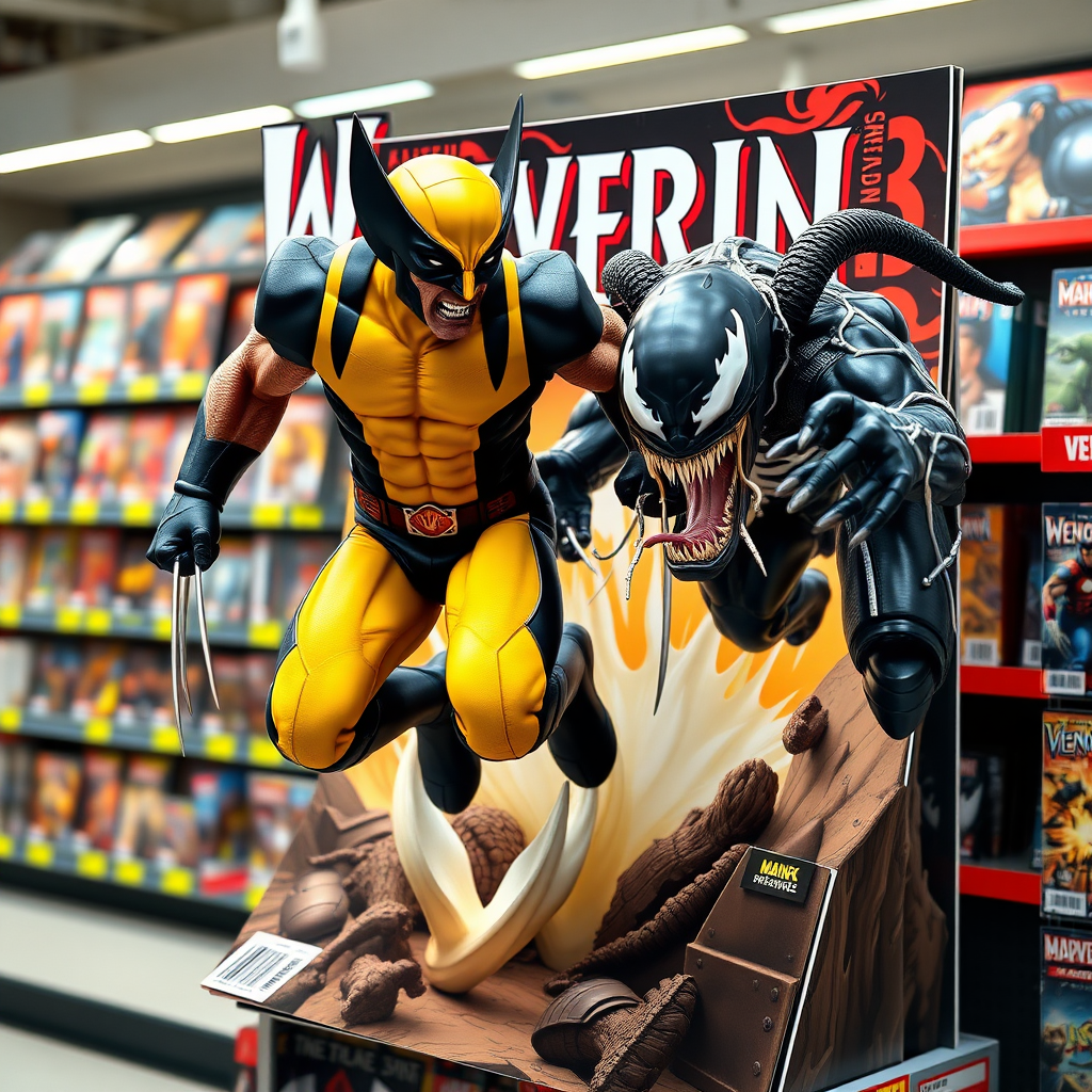 Jumping out of a Comic book cover on a store shelf is Wolverine and Venom with in Cinematic Real3D photo-realistic quality.