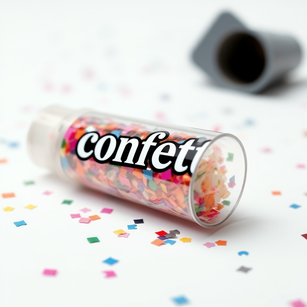 A photo of a fat transparent confetti popper tube with confetti inside and with text "confetti" on it, lying flat at an angle, with confetti around it, white background, distant confetti blurred, white bold text with a black border