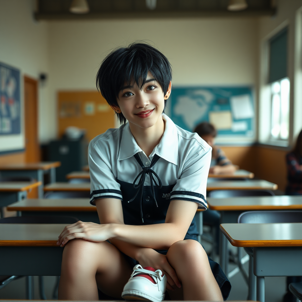 photorealistic, ultra high resolution, 16K, surreal fantasy, soft studio lighting, a pretty 16 year old goth male, slim male physique, short dark hair, blue eyes, goth makeup, earrings, sheer pantyhose, UK girls-school uniform, Mary-Jane shoes, sitting in the classroom, excited smile, facing the camera.