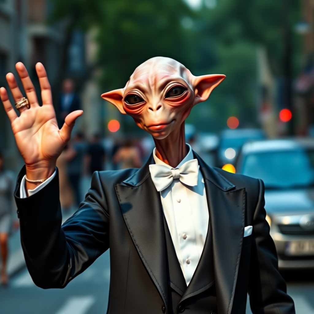 A hairless extraterrestrial, wearing an elegant tuxedo, in a busy street, waving his hand in a friendly manner.