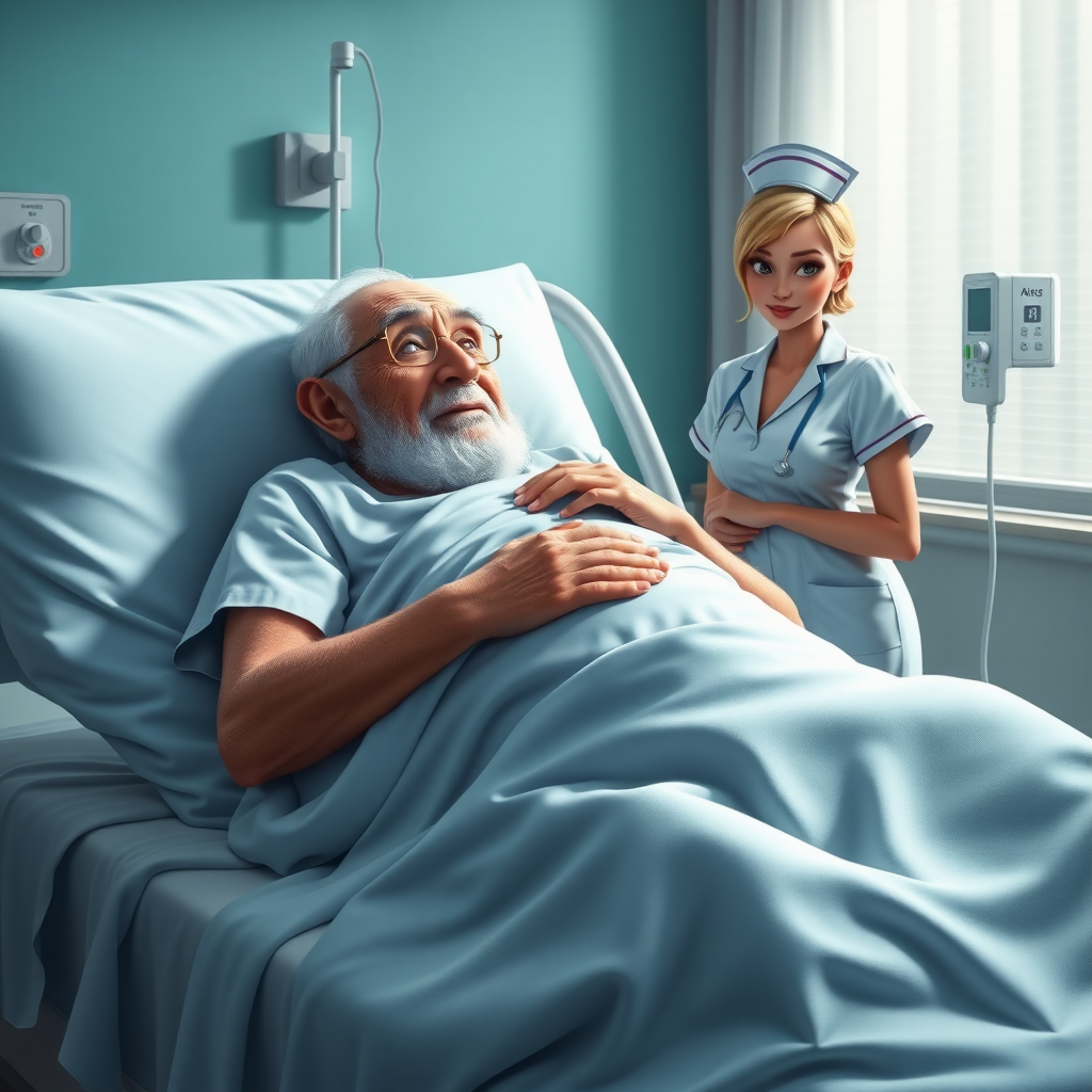 High quality, detailed, Disney 3D style film poster of an old man on a hospital bed with a huge erection under the blanket and a young skinny attractive nurse "impotence"