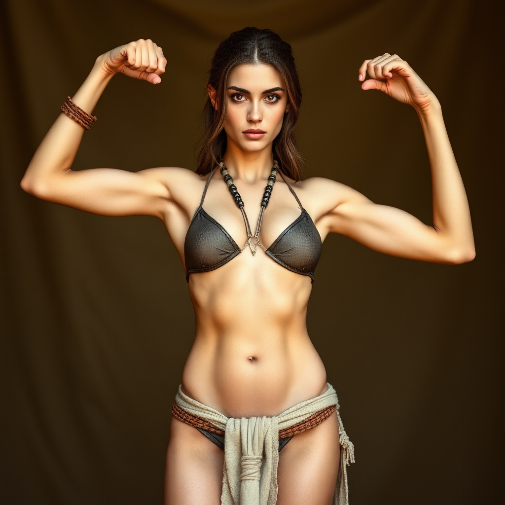 a legendary warrior flexing her lithe Amazonian figure. Arms up. She's slender, more feminine and still strong looking. Wearing a simple loincloth and slender fabric halter. Insanely detailed DSLR photograph