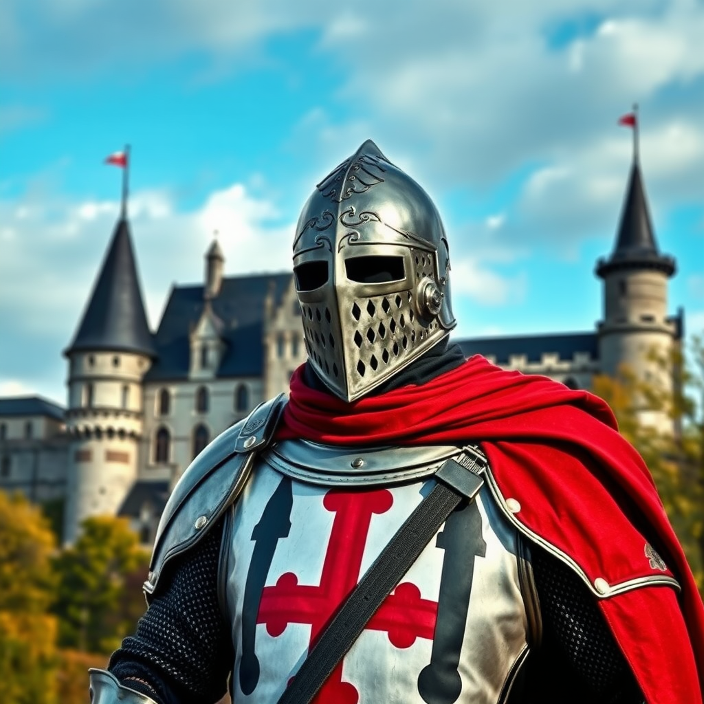 A knight from the Teutonic Order in black, white, and red colors, the background a beautiful castle. Realistic photo.