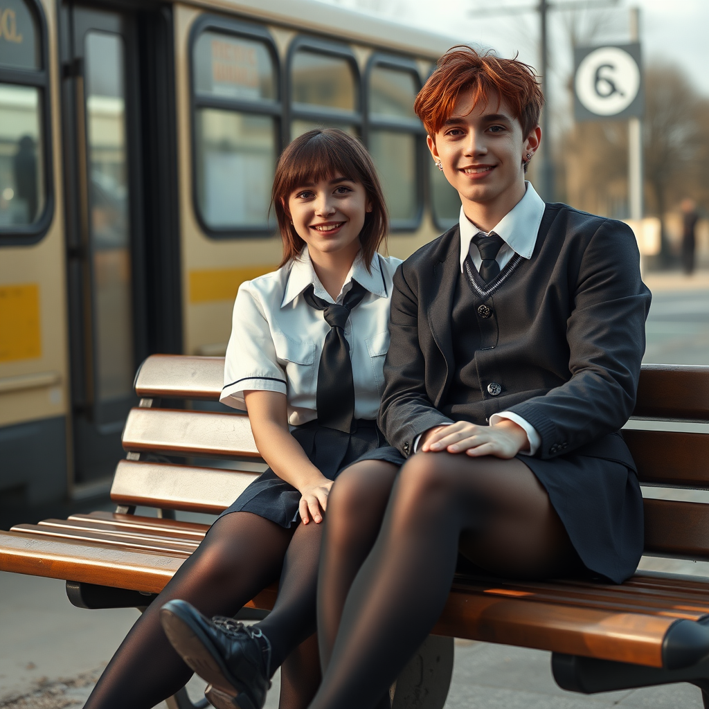 photorealistic, ultra high resolution, 16K, surreal fantasy, soft studio lighting, a pretty 18 year old goth male, slim male physique, auburn hair, goth makeup, earrings, shiny black pantyhose, UK girls-school uniform, Mary-Jane shoes, sitting on his boyfriend's lap on a bench waiting for the school bus, in daylight, excited smile, facing the camera.