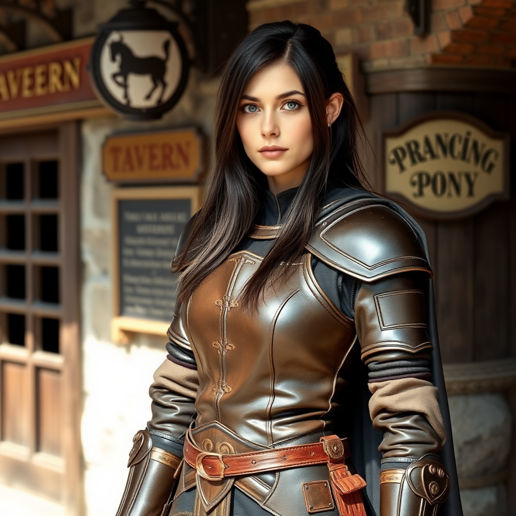 beautiful young woman, dark hair past her shoulders, blue eyes, small, slim figure, wearing full leather armor suit, long cloak, standing next to medieval tavern with sign: "Prancing Pony".