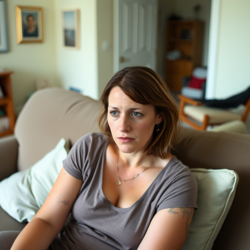 A photograph of a woman sitting on a sofa, in an untidy living room. She is looking sad. She has a bruise on her cheek.