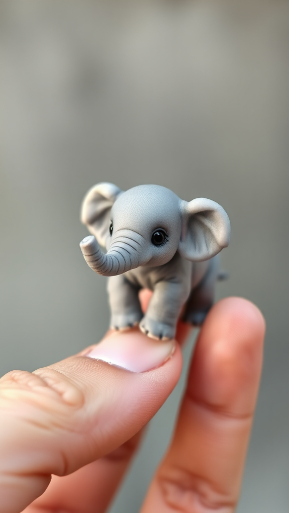 A cute real tiny baby elephant miniature holding in two fingers.