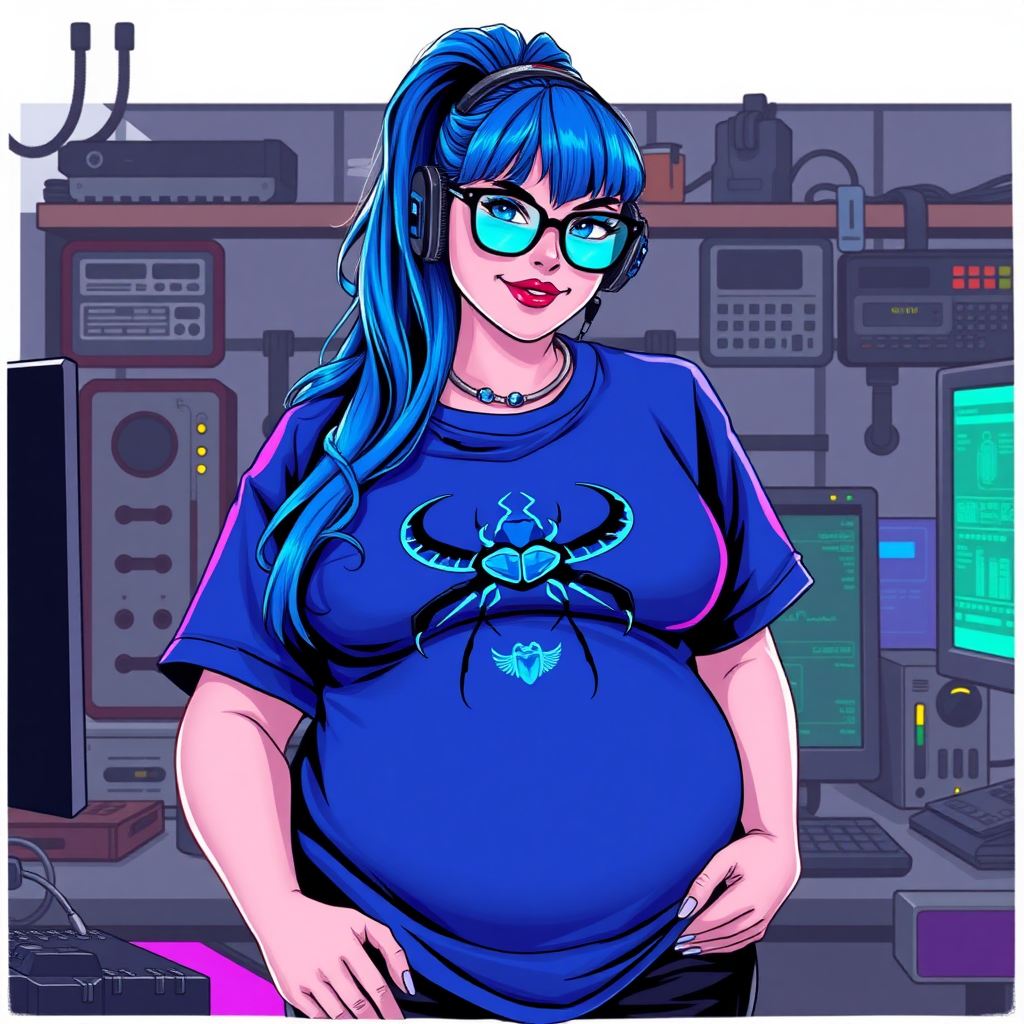 A cyberpunk vigilante’s full-figured intelligent and tech-savvy 28-year-old girlfriend, who is a computer hacker and tech genius. She has a long maximum blue ponytail. She wears maximum blue lipstick, bright blue eyes, a sapphire beetle gemstone necklace, sapphire earrings, black eyeglasses, and an oversized maximum blue t-shirt featuring a blue sapphire gemstone crusted scarab beetle chest icon. She has a full-figured physique with a prominent, massive, round belly, reflecting her well-cared-for lifestyle. She sports a sapphire headset with a hi-tech maximum turquoise lensed HUD, and a shy smile with a neon red blush. She serves as his tech expert from his hideout, diligently working at her workbench and computer desk. The background is solid white. She is drawn as if she was in a retro 2D cyberpunk fighting game. Ensure her maximum blue t-shirt covers her belly.