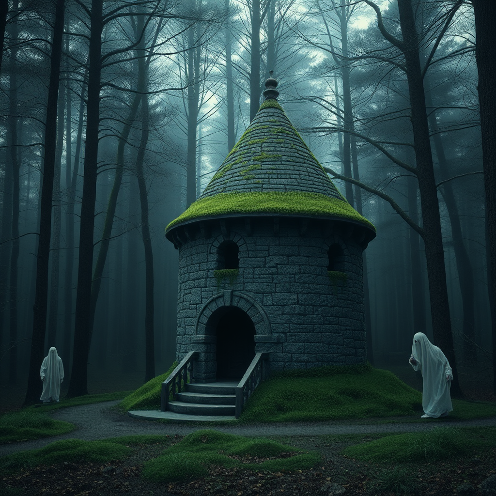 A photo realistic small, old and worn, round, moss covered medieval stone tower in a dark forest clearing with very faint ghost like forms around it