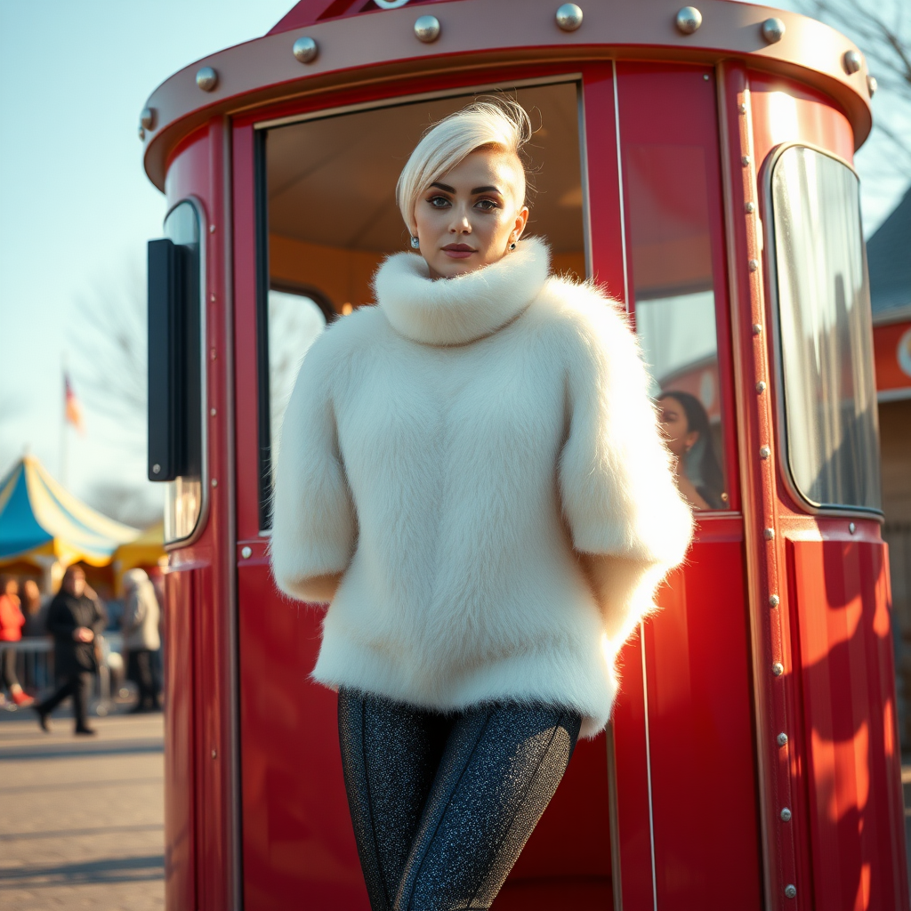 Amusement park “kissing booth,” sunny spring Sunday morning. Sam, 19 years old beautiful involuntary femboy, rebellious intractable character, petite boyish figure, platinum blond boyish rebel punk hairstyle, flawless heavily made-up face with sharp arched tattooed eyebrows, wearing Supertanya-style fluffy very fuzzy bright white angora thigh-length turtleneck-poncho fully covering body and arms, silver-glitter leggings, black leather high-heeled pumps, silver earrings, both hands tied to pole behind back, standing inside kissing booth, waiting for next customer to kiss. Focus on Sam’s face and turtleneck-poncho.