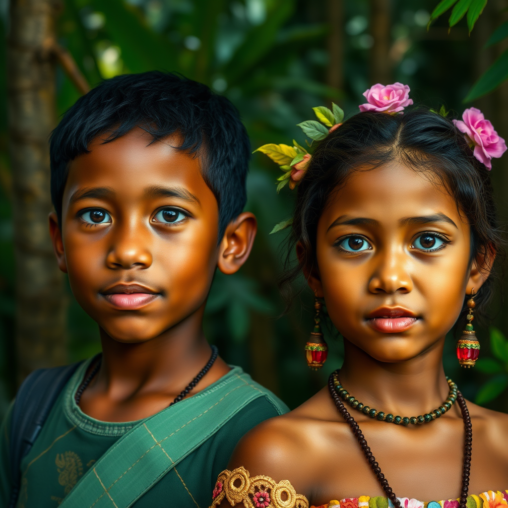 A realistic photo of a 12yo boy and curuminha girl. Indigenes of Brasil rain forest.